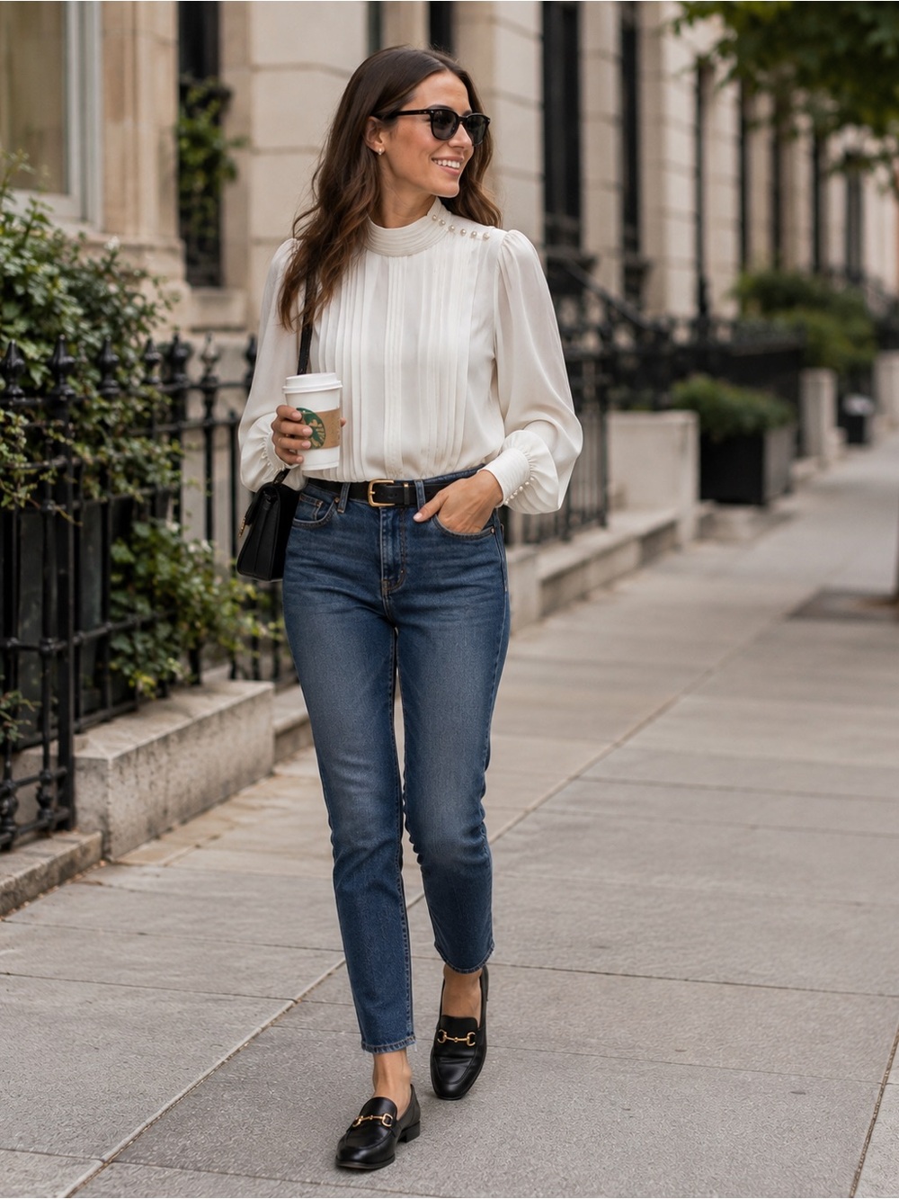 Ivory Pleated High-Neck Blouse with Pearl Shoulder Buttons and Cuff